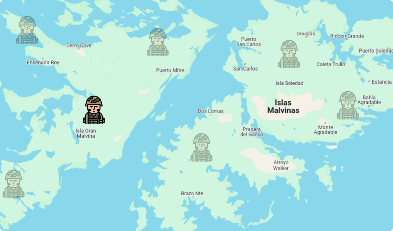 Mapa presentacion de Las Islas Malvinas con ejemplo de soldados caídos en el conflicto